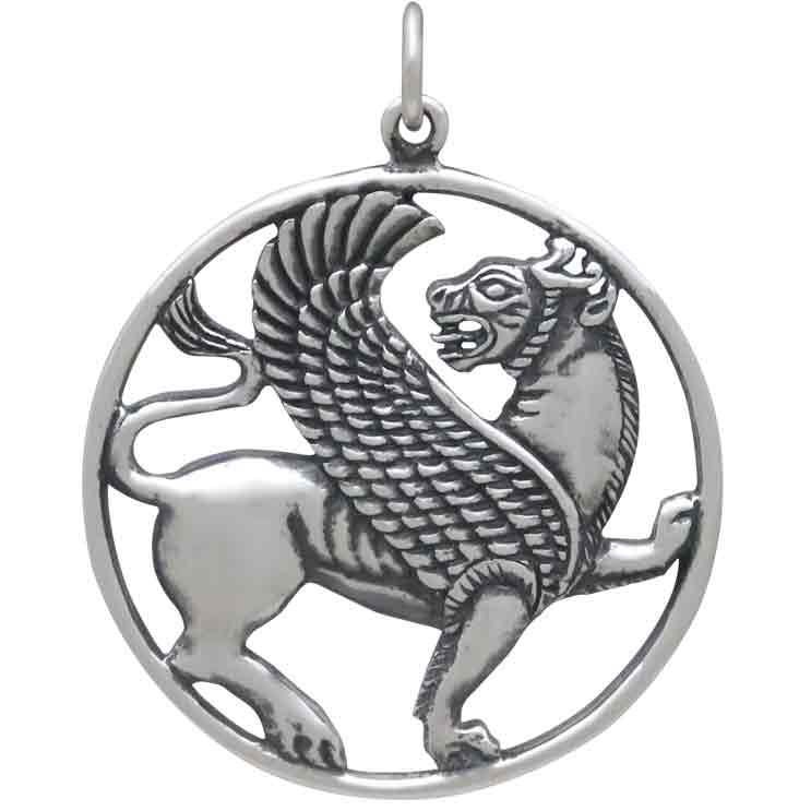 Sterling Silver Ancient Persian Winged Lion Pendant 32x26mm
