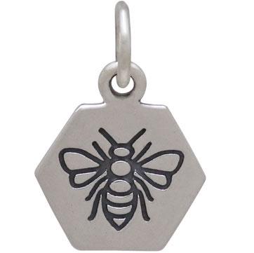 Sterling Silver Hexagon Charm with Etched Bee 15x10mm