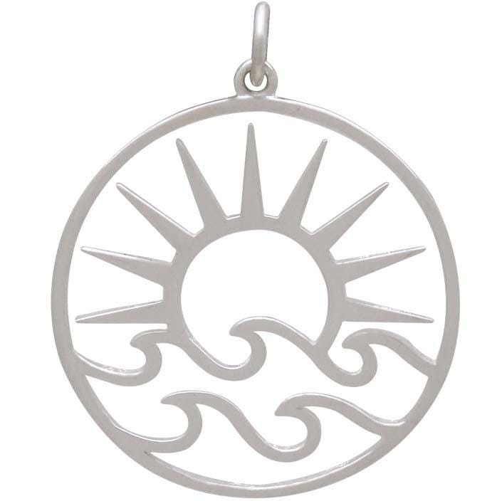 Sterling Silver Openwork Sun Pendant with Waves 30x25mm