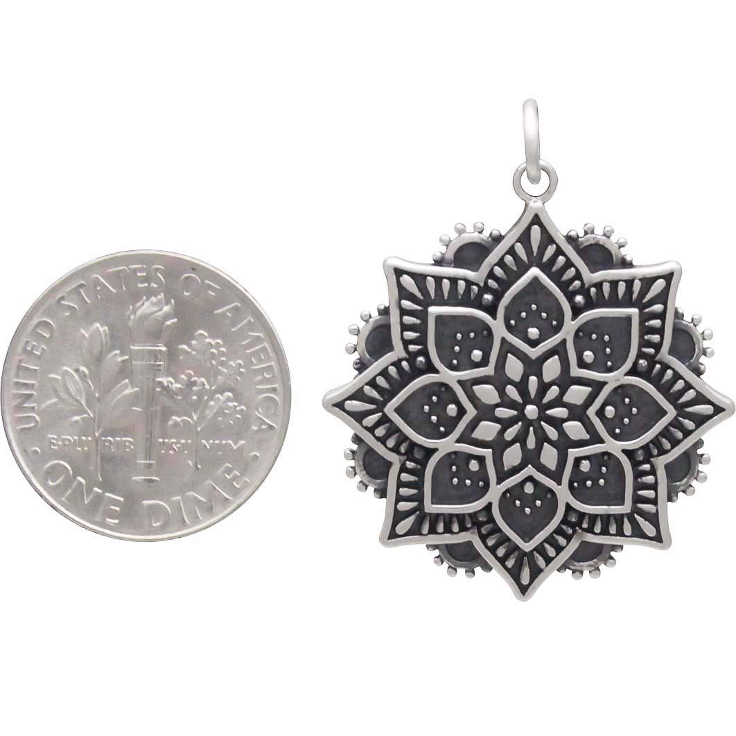 Sterling Silver Medium Lotus Mandala Pendant 32x25mm