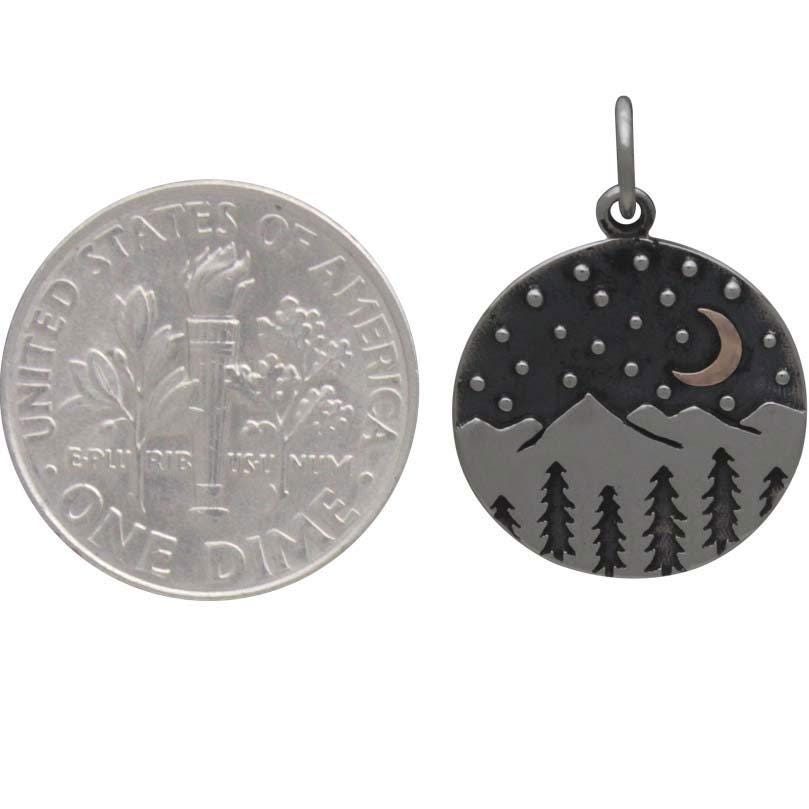 Silver Mountain Charm with Trees and Bronze Moon 21x15mm