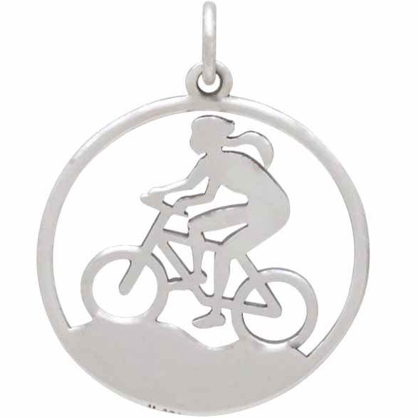 Sterling Silver Mountain Biker Girl Charm 26x20mm
