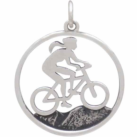 Sterling Silver Mountain Biker Girl Charm 26x20mm