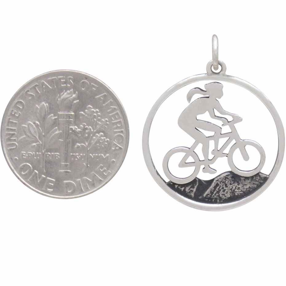Sterling Silver Mountain Biker Girl Charm 26x20mm