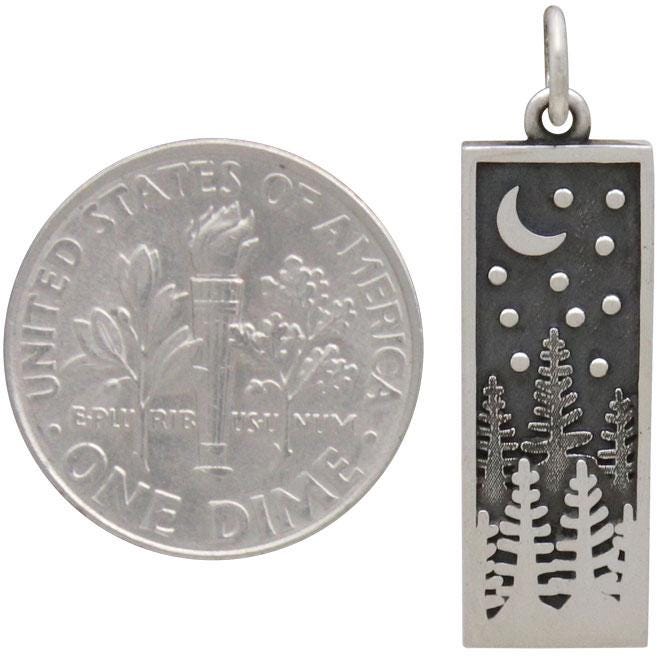 Sterling Silver Rectangle Pine Tree Charm with Moon 28x8mm