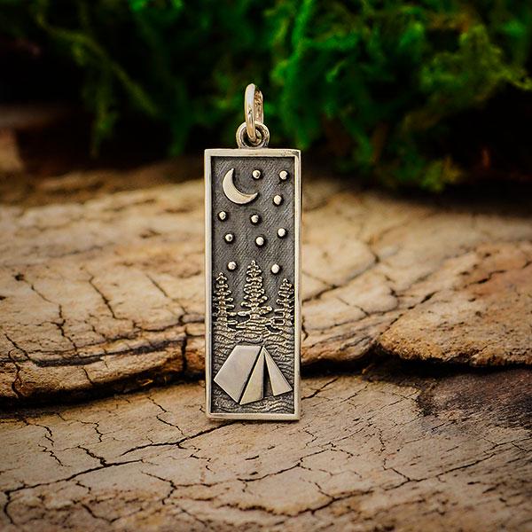 Sterling Silver Rectangle Camping Charm with Tent 28x8mm