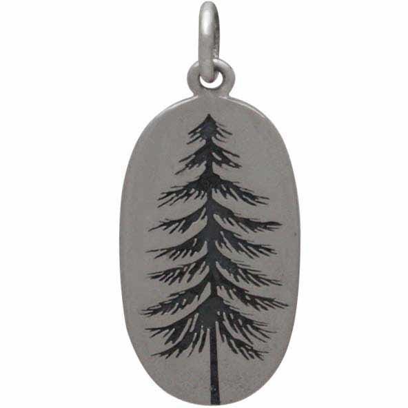 Sterling Silver Pine Tree Charm Etched on an Oval 26x10mm