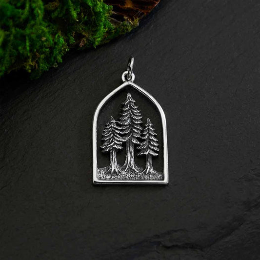 Sterling Silver Dimensional Pine Tree Forest Pendant (28x16mm)