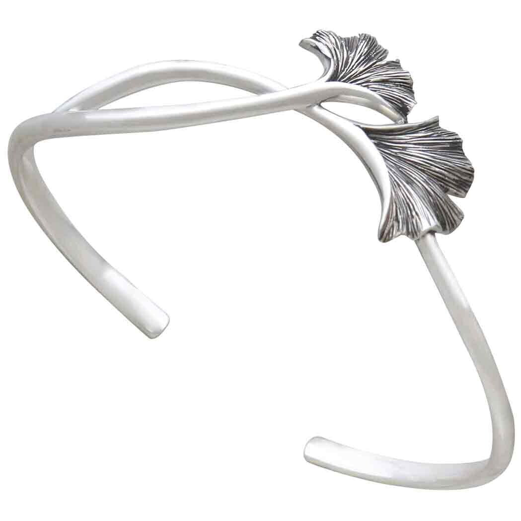 Sterling Silver Ginkgo Leaf Bracelet: Adjustable Open Cuff