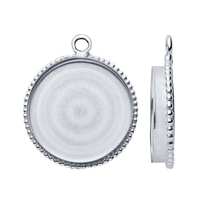 Sterling Silver Round Beaded-Edge Cabochon Pendant Mounting with Ring, choose your size