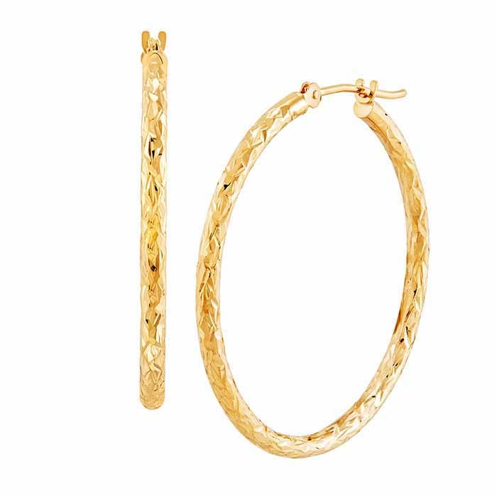 10K Yellow Gold Earrings Crystal-Cut Tube Hoop Earrings, 2 sizes available