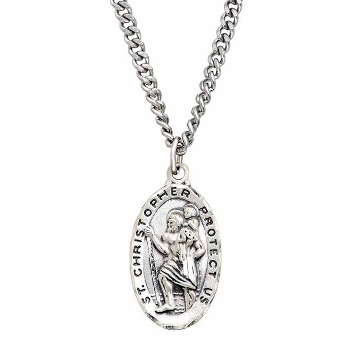 Sterling Silver & Stainless Steel St. Christopher Medallion Necklace