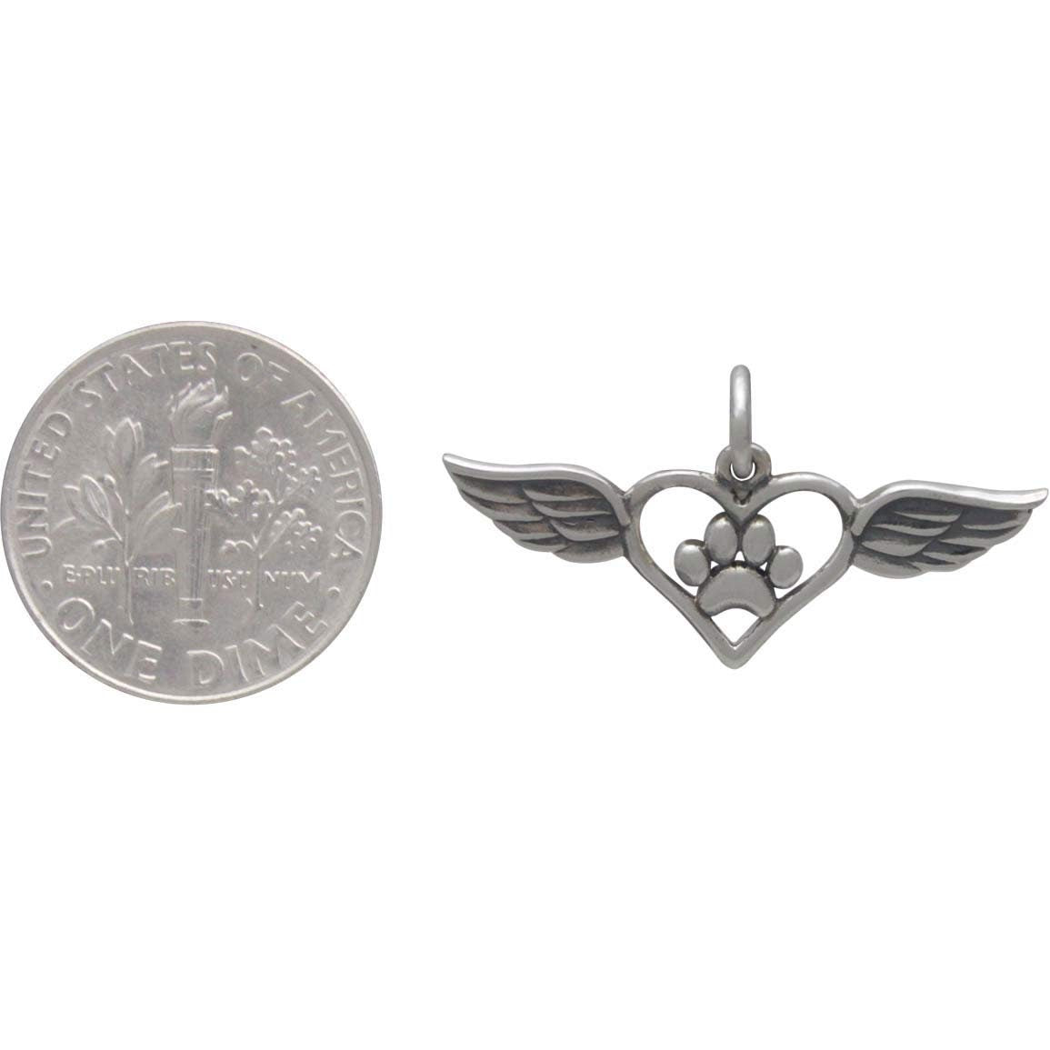 Sterling Silver Paw Print Charm with Heart and Wings 15x27mm
