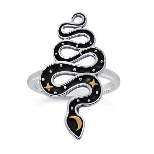 Sterling Silver Snake Ring with Moon and Stars