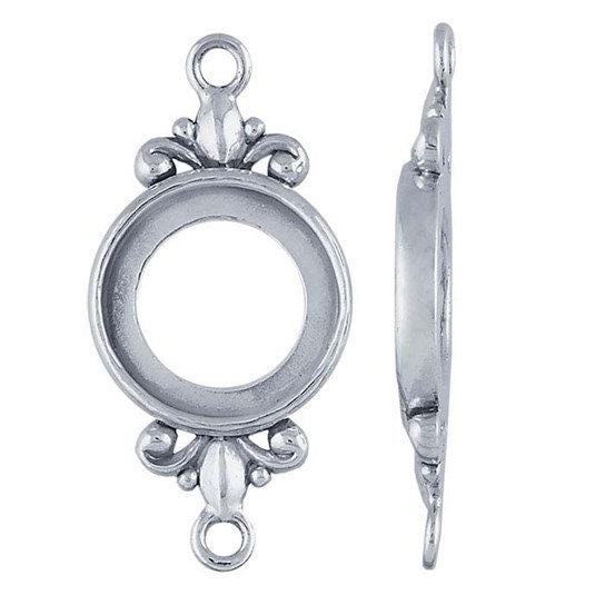 Sterling Silver 12mm Round Fleur-de-Lis Link Cabochon Component Mounting, Necklace/Bracelet Center