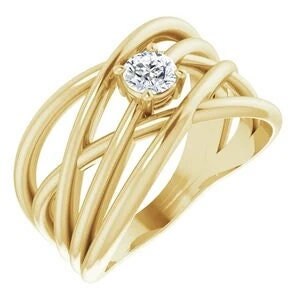 Round solitaire criss-cross ring mounting available in sterling silver, or 14k solid gold