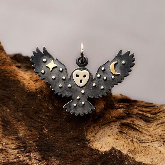 Sterling Silver Owl Charm with Bronze Star and Moon 18x25mm