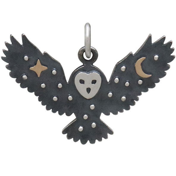 Sterling Silver Owl Charm with Bronze Star and Moon 18x25mm