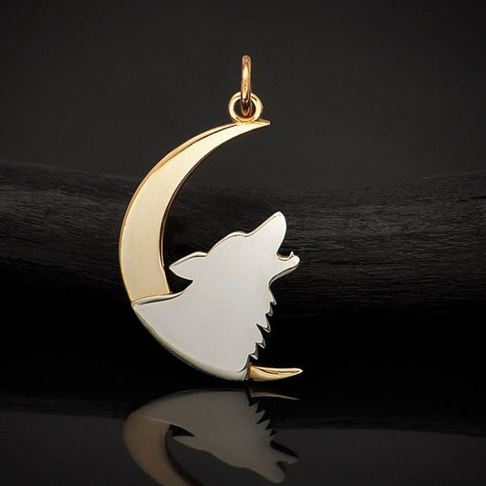 Sterling Silver Howling Wolf Charm with Bronze Moon