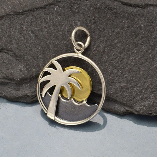 Silver Palm Tree and Ocean Charm with Bronze Sun