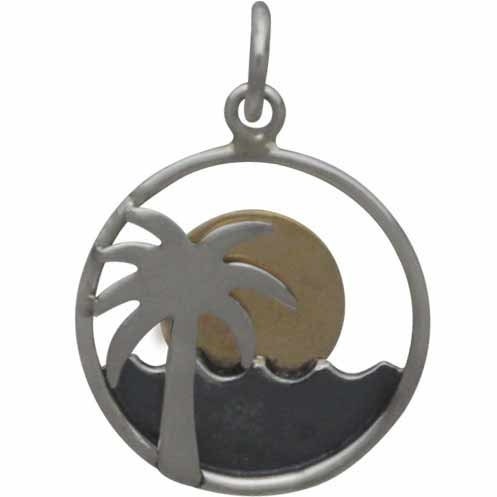 Silver Palm Tree and Ocean Charm with Bronze Sun