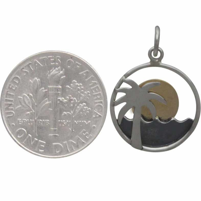 Silver Palm Tree and Ocean Charm with Bronze Sun