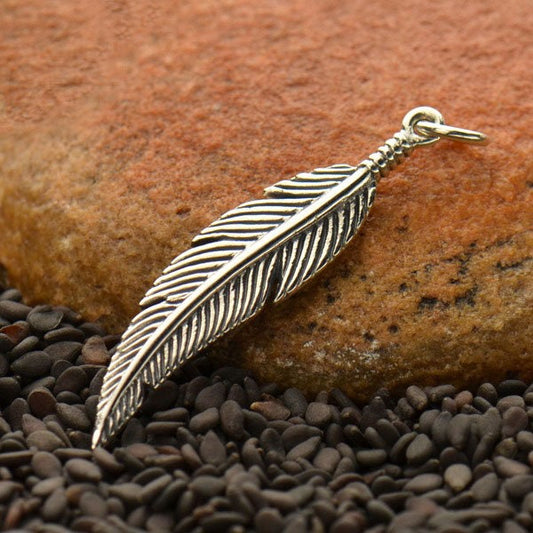 Sterling Silver Feather Charm -Textured 36x7mm