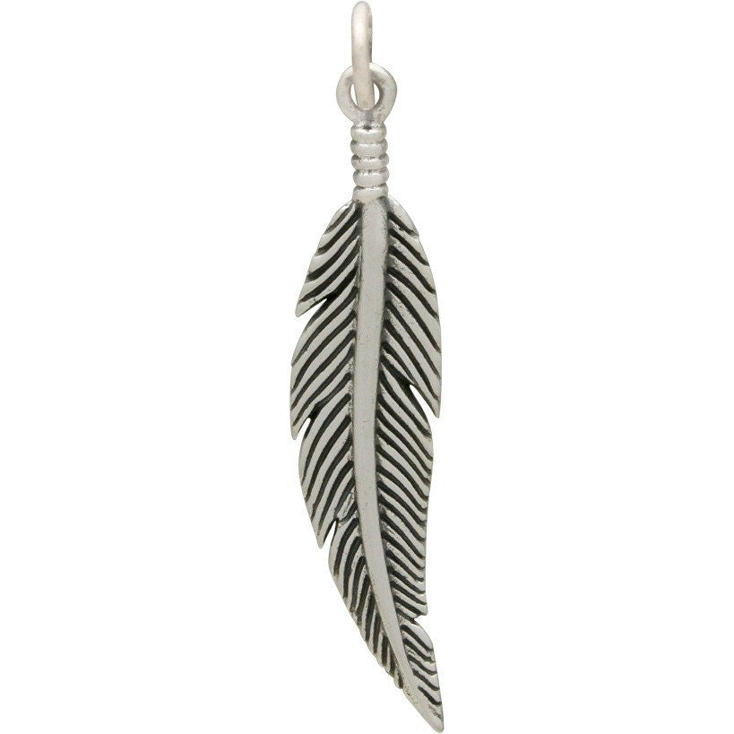 Sterling Silver Feather Charm -Textured 36x7mm