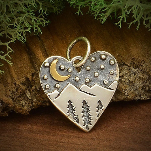 Silver Heart Charm with Mountains and Bronze Moon