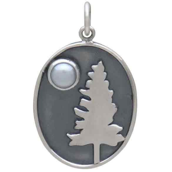 Sterling Silver Tree Pendant with Pearl Moon 25x15mm