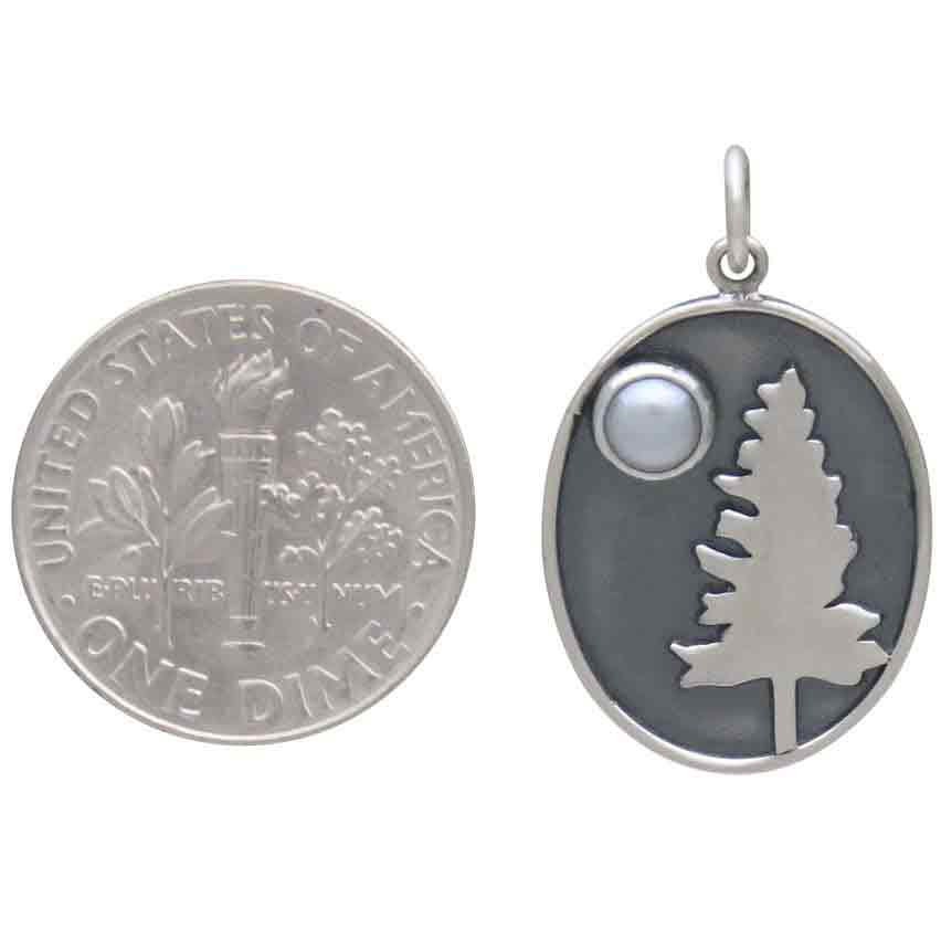 Sterling Silver Tree Pendant with Pearl Moon 25x15mm