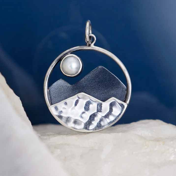 Sterling Silver Mountain Charm with Pearl Moon 24x18mm