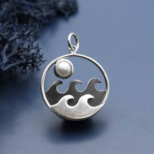 Sterling Silver Ocean Pendant with Pearl Moon 24x18mm