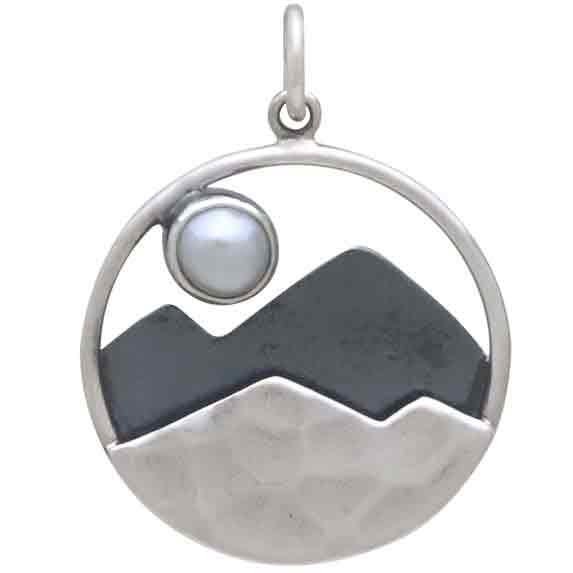 Sterling Silver Mountain Charm with Pearl Moon 24x18mm