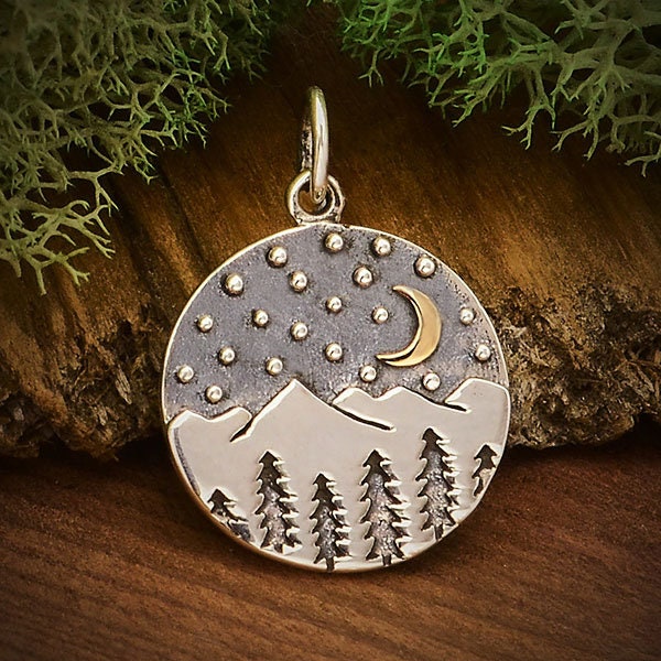 Silver Mountain Charm with Trees and Bronze Moon