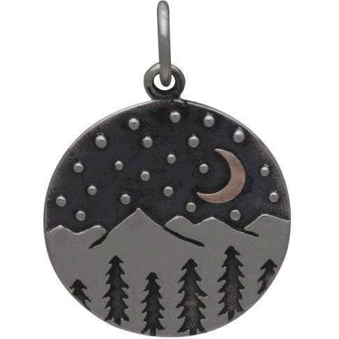 Silver Mountain Charm with Trees and Bronze Moon