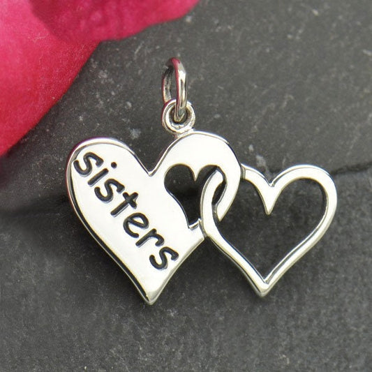 Sterling Silver Sister Charm - Two Linked Hearts 19x21mm