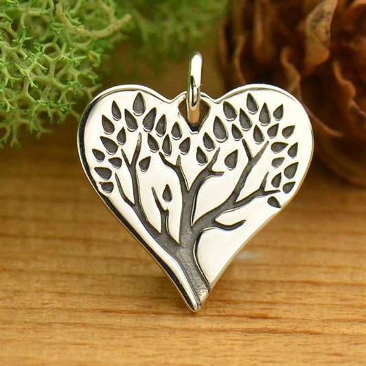 Sterling Silver Tree of Life Charm on Heart 16x13mm