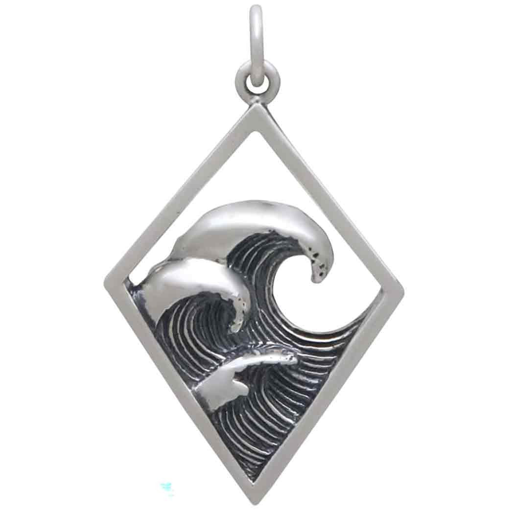 Sterling Silver Three Waves Pendant in Diamond Frame 30x18mm