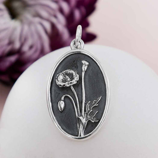 Silver Poppy Charm - August Birthflower 25x13mm