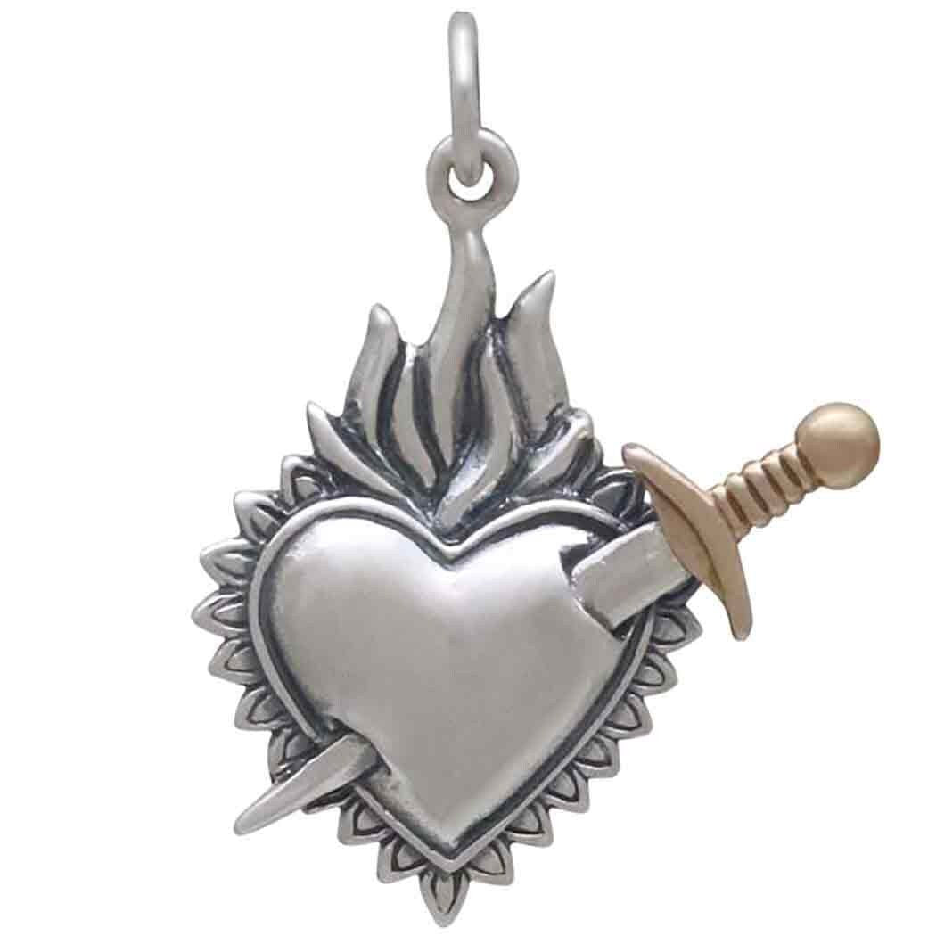 Mixed Metal Flaming Heart Pendant with Sword 26x20mm