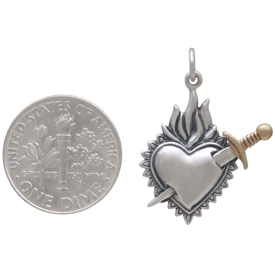 Mixed Metal Flaming Heart Pendant with Sword 26x20mm