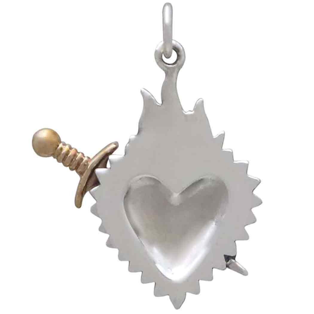 Mixed Metal Flaming Heart Pendant with Sword 26x20mm