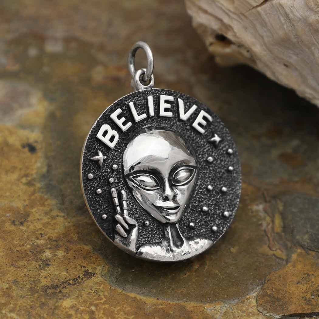 Sterling Silver Believe Alien Pendant 26x21mm