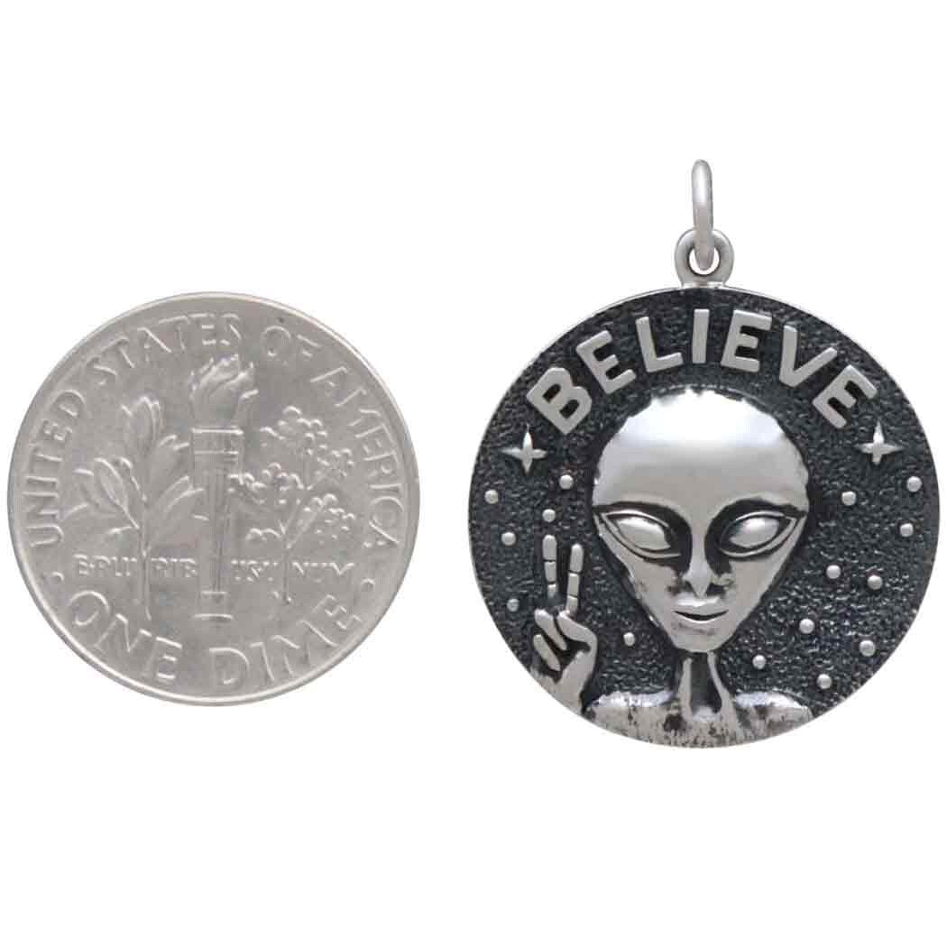 Sterling Silver Believe Alien Pendant 26x21mm