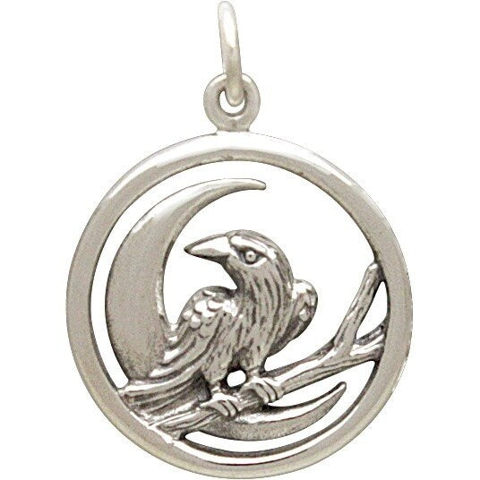 Sterling Silver Raven and Moon Charm - Raven Charm 23x17mm