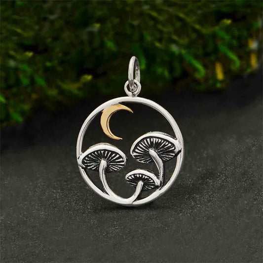 Sterling Silver Mushroom Charm with Bronze Moon 22x15mm