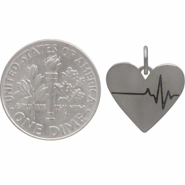 Sterling silver heartbeat charm - heart charm 16x14mm