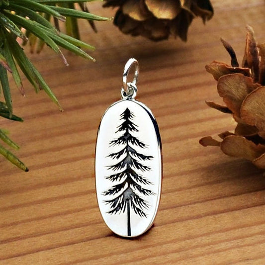 Sterling Silver Pine Tree Charm Etched on an Oval 26x10mm