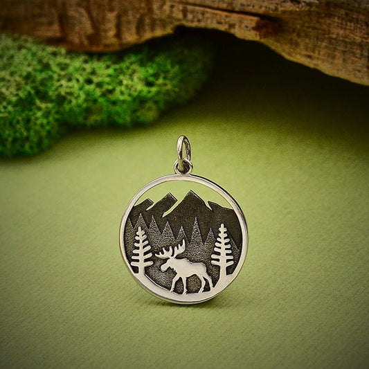 Sterling Silver Moose Charm in Mountain Meadow 24x18mm